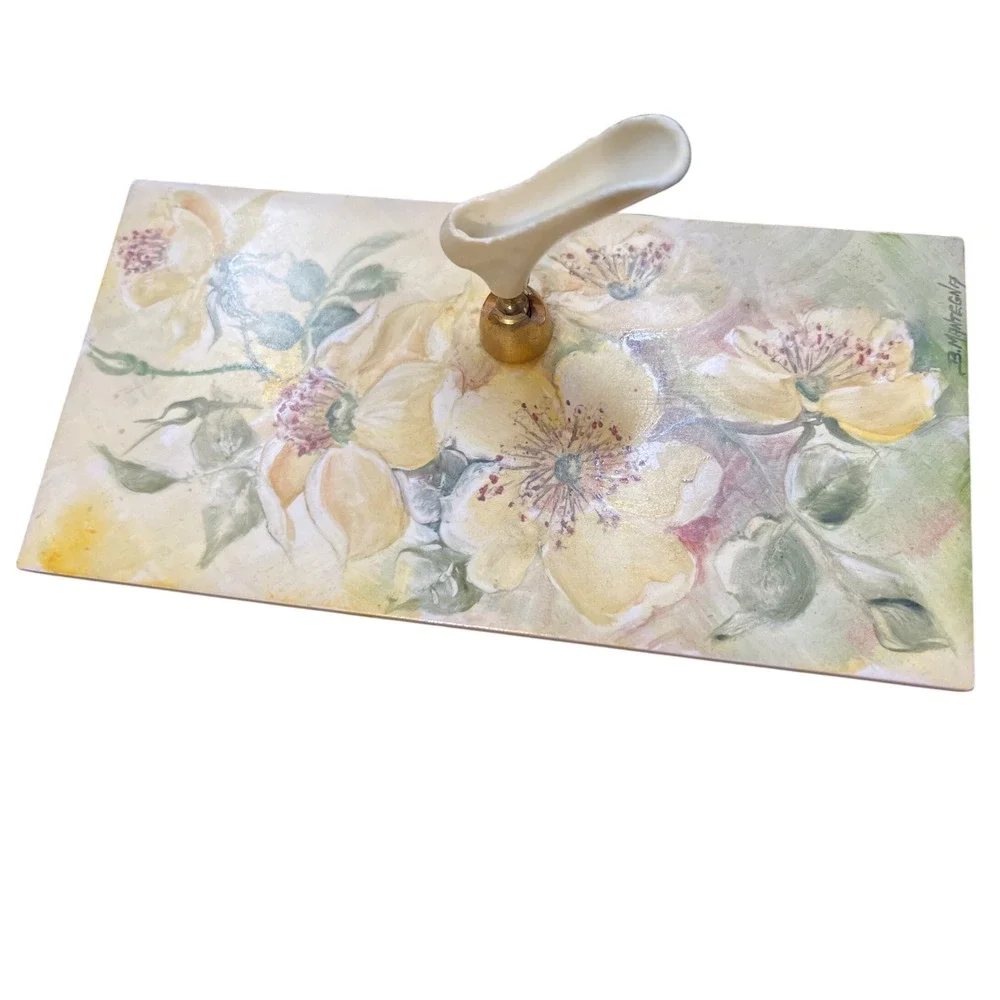 Hand Painted B.Mantegna H&R Johnson Tile Pen Stand Yellow Rose Shabby Chic